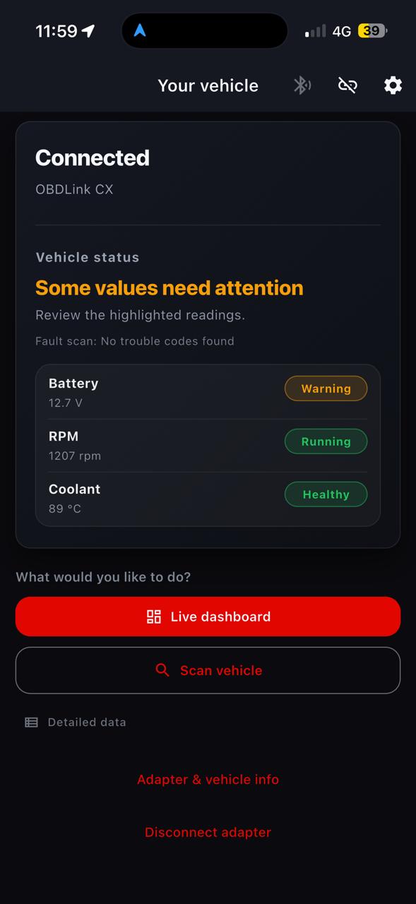 OBDVitals home screen showing vehicle connection status and main actions.